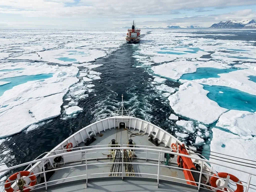 Vista desde un rompehielos mostrando el retroceso del hielo multianual en el Ártico. La imagen destaca el contraste entre el blanco del hielo marino, las pozas de agua dulce turquesa producto del deshielo y el azul profundo del mar abierto, ilustrando la fragilidad del casquete polar actual.